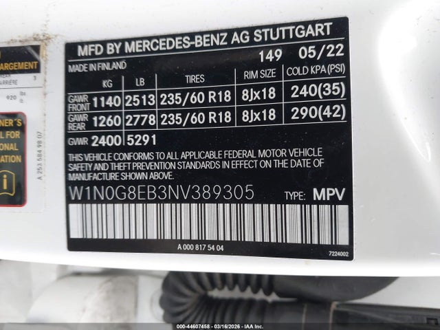 2022 Mercedes-benz Glc 300 4matic Suv მანქანა იყიდება აუქციონზე, vin: W1N0G8EB3NV389305, აუქციონის ნომერი: 44607458