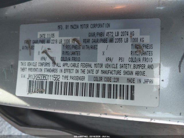 2006 Mazda Mazda5 Touring მანქანა იყიდება აუქციონზე, vin: JM1CR293360111582, აუქციონის ნომერი: 44607463