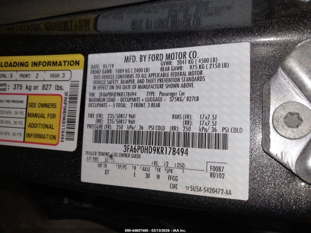 2019 FORD FUSION 3FA6P0HD9KR178494 Photo 8