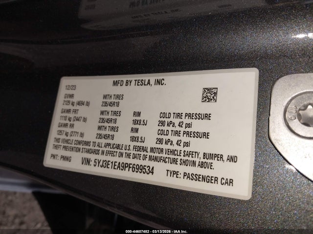2023 Tesla Model 3 Rear-wheel Drive მანქანა იყიდება აუქციონზე, vin: 5YJ3E1EA9PF699534, აუქციონის ნომერი: 44607482