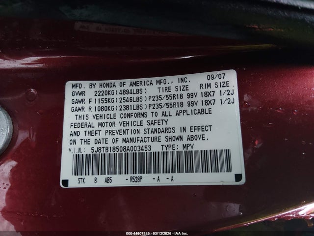 2008 Acura Rdx მანქანა იყიდება აუქციონზე, vin: 5J8TB18508A003453, აუქციონის ნომერი: 44607489