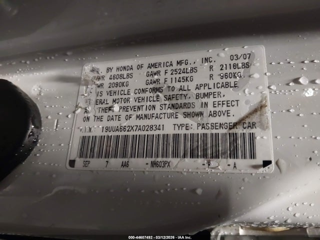 44607492 :رقم المزاد ، 19UUA662X7A028341 vin ، 2007 Acura Tl 3.2 مزاد بيع