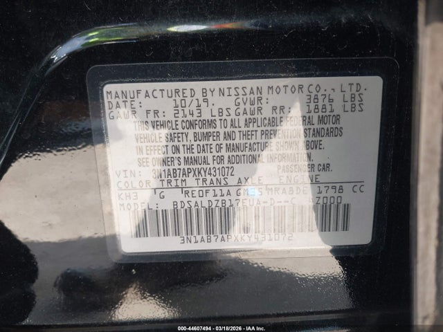 3N1AB7APXKY431072 Nissan SENTRA SV