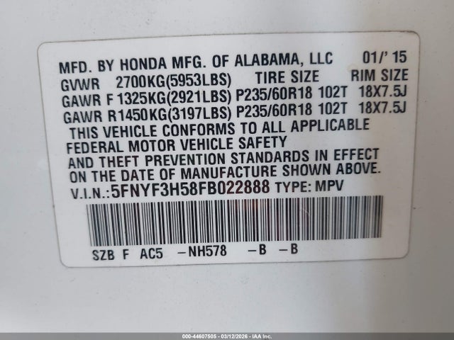 5FNYF3H58FB022888 Honda Pilot Ex-l