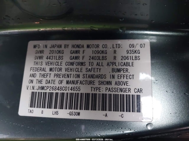 44607506 :رقم المزاد ، JHMCP26848C014655 vin ، 2008 Honda Accord 2.4 Ex-l مزاد بيع