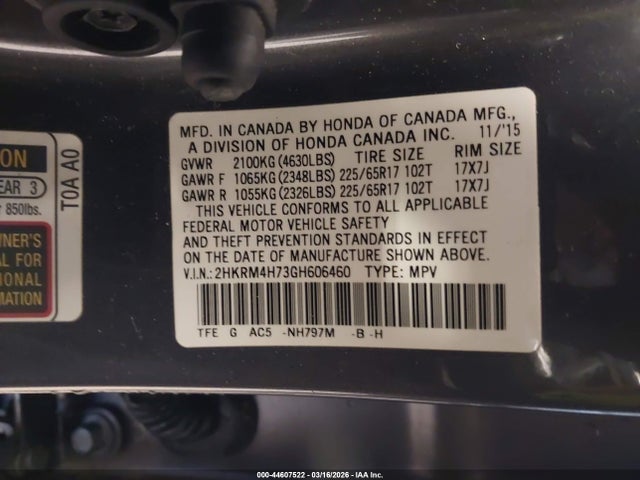 2HKRM4H73GH606460 Honda Cr-v Ex-l