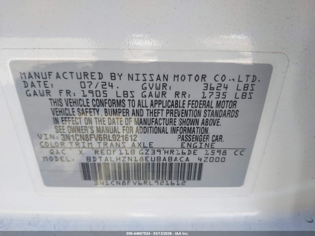 3N1CN8FV6RL921612 Nissan Versa 1.6 Sr