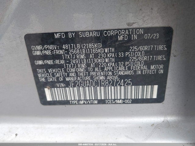 Aukcja sprzedaży 2024 Subaru Crosstrek Premium, vin: JF2GUADC1R8272425, numer aukcji: 44607534