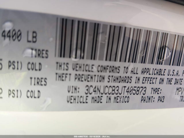 44607538 :رقم المزاد ، 3C4NJCCB3JT405873 vin ، 2018 Jeep Compass Limited Fwd مزاد بيع