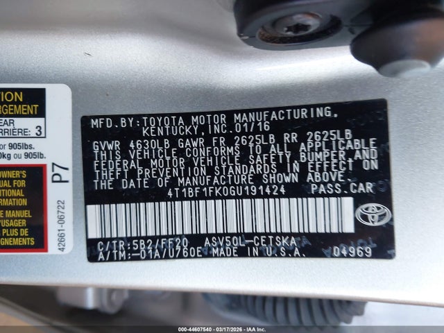 Продажа на аукционе авто 2016 Toyota Camry Se, vin: 4T1BF1FK0GU191424, номер лота: 44607540