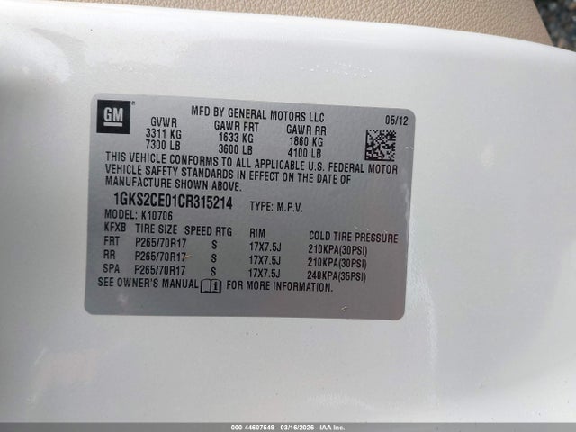 Aukcja sprzedaży 2012 Gmc Yukon Slt, vin: 1GKS2CE01CR315214, numer aukcji: 44607549
