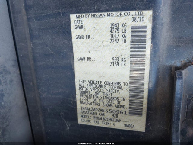 Aukcja sprzedaży 2010 Nissan Altima 2.5 S, vin: 1N4AL2AP2AN550961, numer aukcji: 44607557