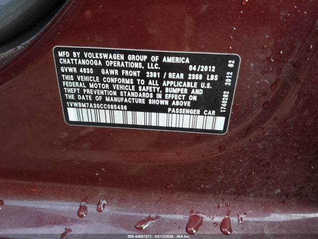 44607572 :رقم المزاد ، 1VWBM7A30CC085436 vin ، 2012 Volkswagen Passat 3.6l V6 Se مزاد بيع