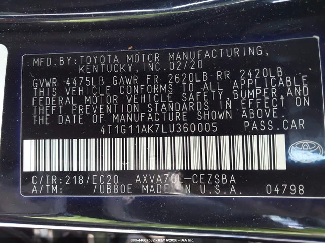 2020 TOYOTA CAMRY 4T1G11AK7LU360005 Photo 8