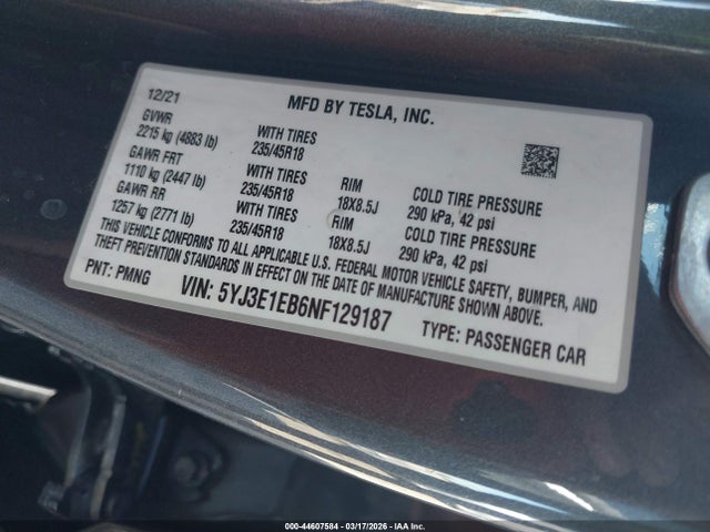 44607584 :رقم المزاد ، 5YJ3E1EB6NF129187 vin ، 2022 Tesla Model 3 Long Range Dual Motor All-wheel Drive مزاد بيع