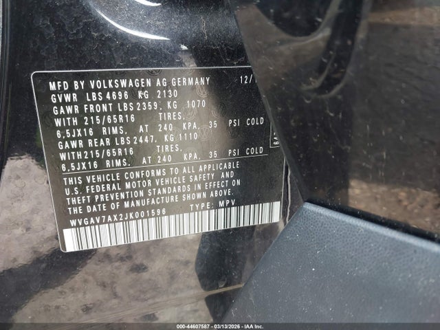 2018 Volkswagen Tiguan Limited 2.0t მანქანა იყიდება აუქციონზე, vin: WVGAV7AX2JK001596, აუქციონის ნომერი: 44607587