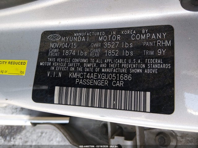 KMHCT4AEXGU051686 Hyundai ACCENT SE