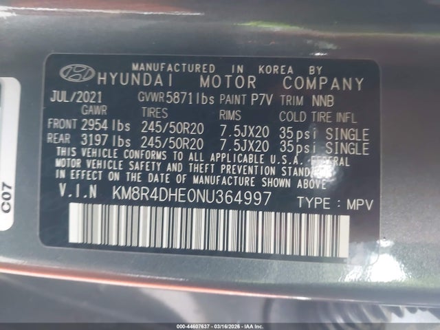 44607637 :رقم المزاد ، KM8R4DHE0NU364997 vin ، 2022 Hyundai Palisade Sel مزاد بيع