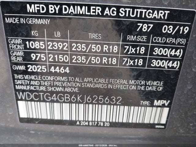 Aukcja sprzedaży 2019 Mercedes-benz Gla 250 4matic, vin: WDCTG4GB6KJ625632, numer aukcji: 44607648