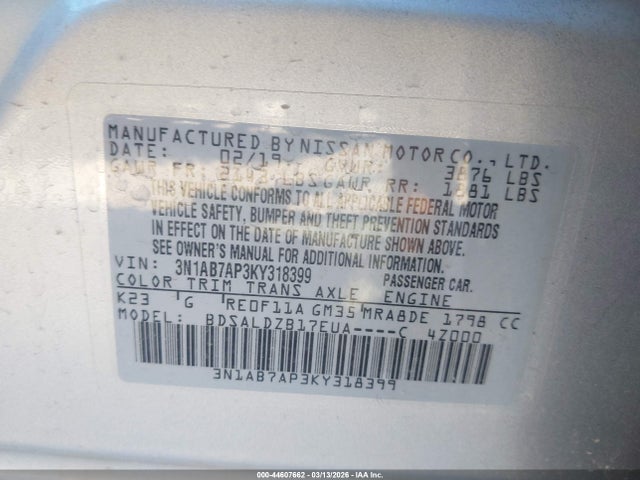 Aukcja sprzedaży 2019 Nissan Sentra Sv, vin: 3N1AB7AP3KY318399, numer aukcji: 44607662
