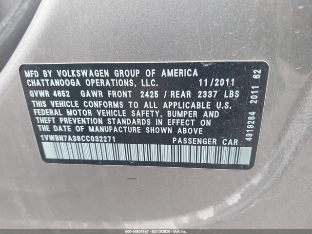Продаж на аукціоні авто 2012 Volkswagen Passat 2.0l Tdi Se, vin: 1VWBN7A38CC032271, номер лоту: 44607667