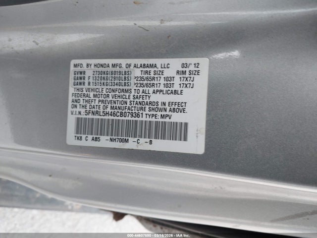 Aukcja sprzedaży 2012 Honda Odyssey Ex, vin: 5FNRL5H46CB079361, numer aukcji: 44607690