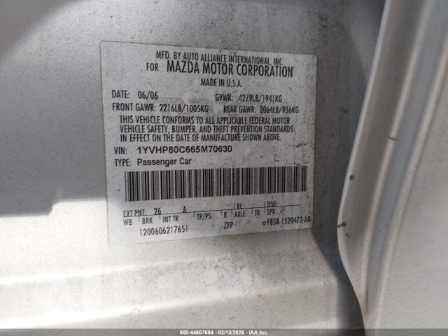 Aukcja sprzedaży 2006 Mazda Mazda6 I, vin: 1YVHP80C665M70630, numer aukcji: 44607694