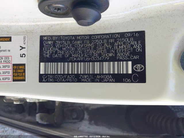 JTDKARFU6H3034779 Toyota Prius