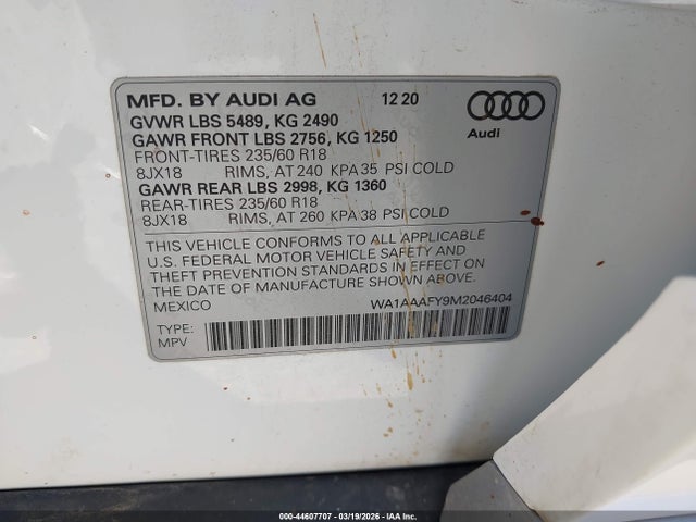Aukcja sprzedaży 2021 Audi Q5 Premium 45 Tfsi Quattro S Tronic, vin: WA1AAAFY9M2046404, numer aukcji: 44607707