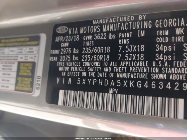 5XYPHDA5XKG463429 KIA Sorento 3.3l Ex