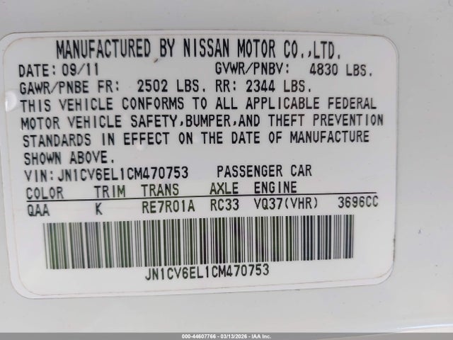 Продаж на аукціоні авто 2012 Infiniti G37x, vin: JN1CV6EL1CM470753, номер лоту: 44607766