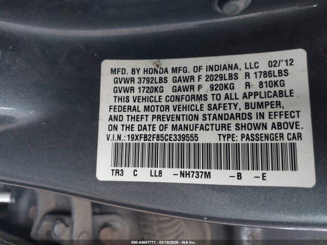 2012 Honda Civic Ex მანქანა იყიდება აუქციონზე, vin: 19XFB2F85CE339555, აუქციონის ნომერი: 44607771