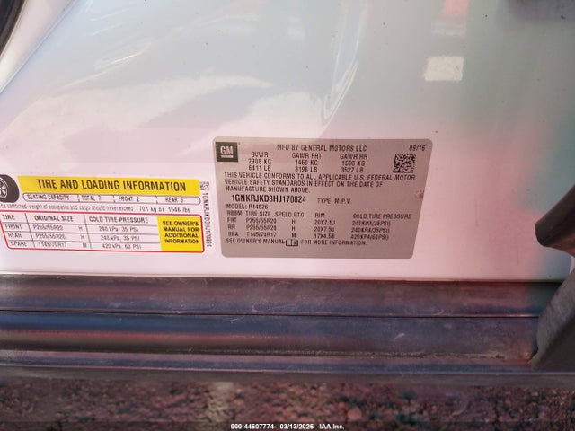 44607774 :رقم المزاد ، 1GNKRJKD3HJ170824 vin ، 2017 Chevrolet Traverse Premier مزاد بيع