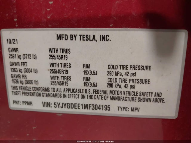 Aukcja sprzedaży 2021 Tesla Model Y Long Range Dual Motor All-wheel Drive, vin: 5YJYGDEE1MF304195, numer aukcji: 44607835