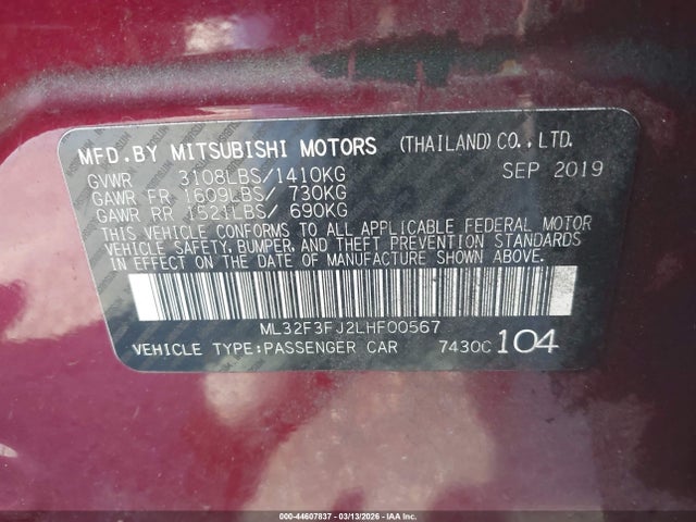 Продаж на аукціоні авто 2020 Mitsubishi Mirage G4 Es, vin: ML32F3FJ2LHF00567, номер лоту: 44607837