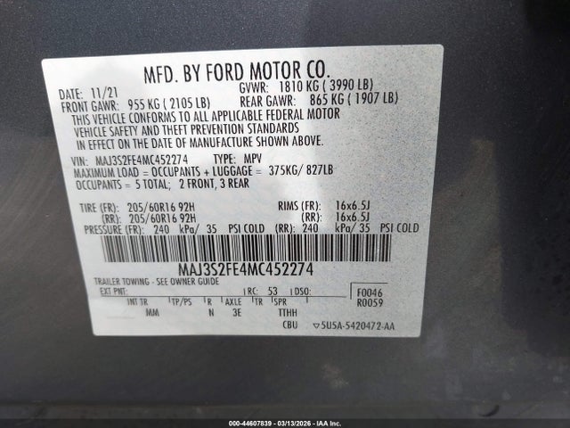 Aukcja sprzedaży 2021 Ford Ecosport S, vin: MAJ3S2FE4MC452274, numer aukcji: 44607839