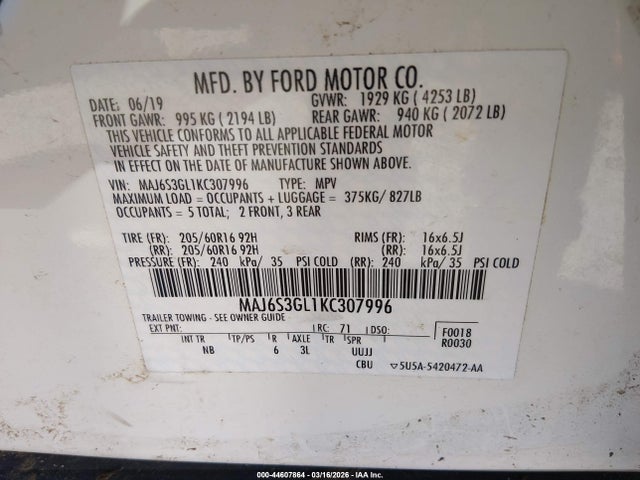 MAJ6S3GL1KC307996 Ford Ecosport Se