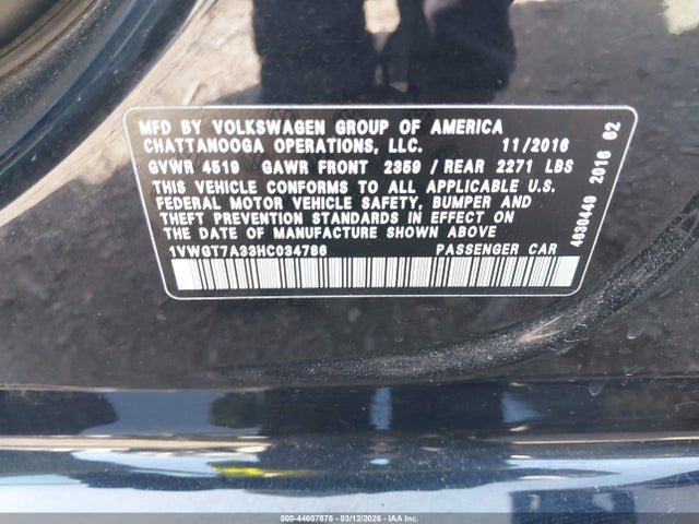 44607878 :رقم المزاد ، 1VWGT7A33HC034786 vin ، 2017 Volkswagen Passat 1.8t Se مزاد بيع