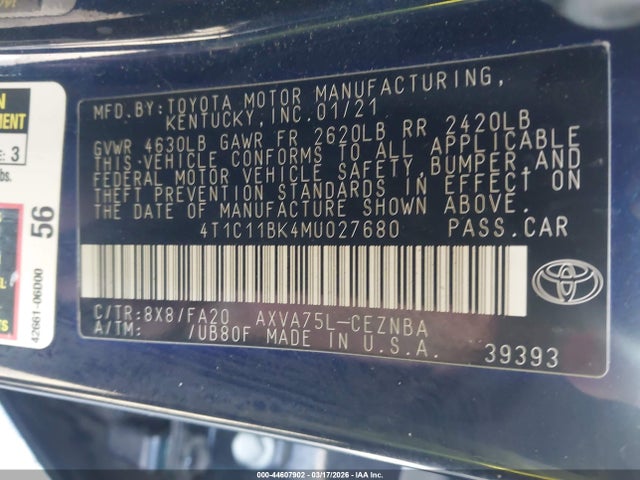 44607902 :رقم المزاد ، 4T1C11BK4MU027680 vin ، 2021 Toyota Camry Le Awd مزاد بيع