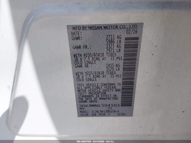 44607909 :رقم المزاد ، 5N1AL0MM6GC504503 vin ، 2016 Infiniti Qx60 مزاد بيع
