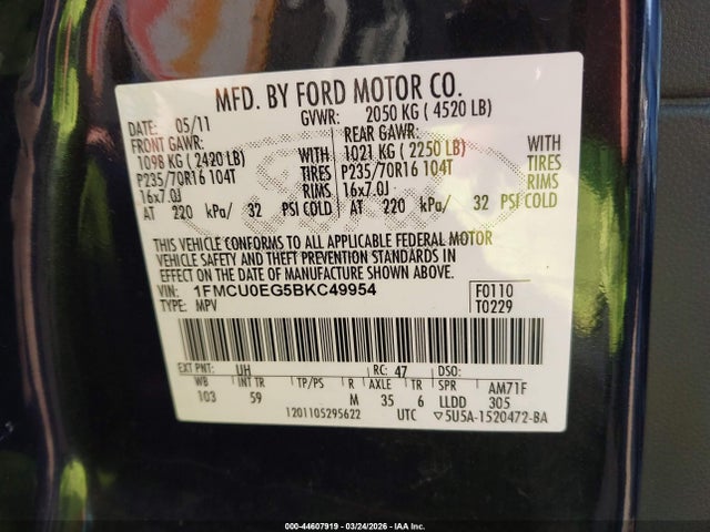 Продажа на аукционе авто 2011 Ford Escape Limited, vin: 1FMCU0EG5BKC49954, номер лота: 44607919