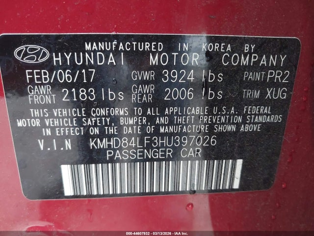KMHD84LF3HU397026 Hyundai Elantra Value Edition