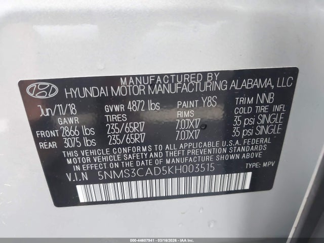 44607941 :رقم المزاد ، 5NMS3CAD5KH003515 vin ، 2019 Hyundai Santa Fe Sel مزاد بيع