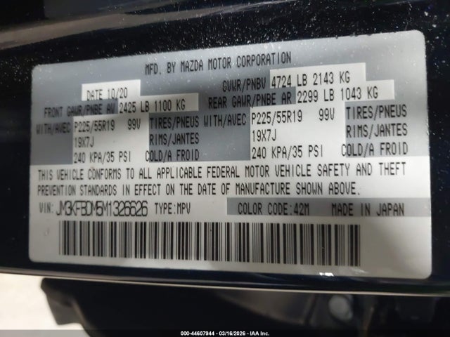 44607944 :رقم المزاد ، JM3KFBDM5M1326626 vin ، 2021 Mazda Cx-5 Grand Touring مزاد بيع