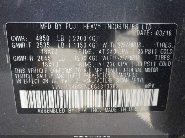 4S4BSENC6G3313383 Subaru Outback 3.6r Limited