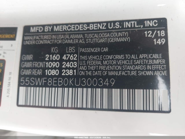 2019 Mercedes-benz C 300 4matic მანქანა იყიდება აუქციონზე, vin: 55SWF8EB0KU300349, აუქციონის ნომერი: 44607969