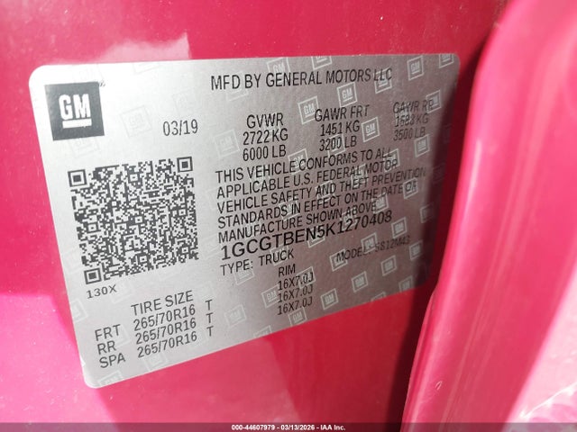 Aukcja sprzedaży 2019 Chevrolet Colorado Wt, vin: 1GCGTBEN5K1270408, numer aukcji: 44607979