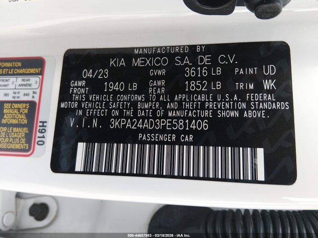Продаж на аукціоні авто 2023 Kia Rio Lx, vin: 3KPA24AD3PE581406, номер лоту: 44607983