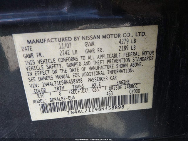 Продаж на аукціоні авто 2008 Nissan Altima 2.5 S, vin: 1N4AL21E98N458898, номер лоту: 44607991