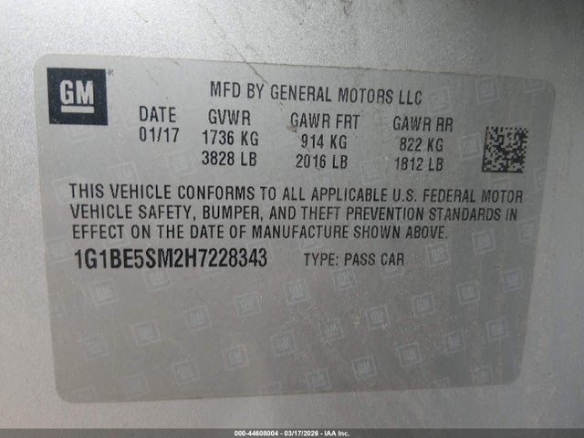 44608004 :رقم المزاد ، 1G1BE5SM2H7228343 vin ، 2017 Chevrolet Cruze Lt Auto مزاد بيع